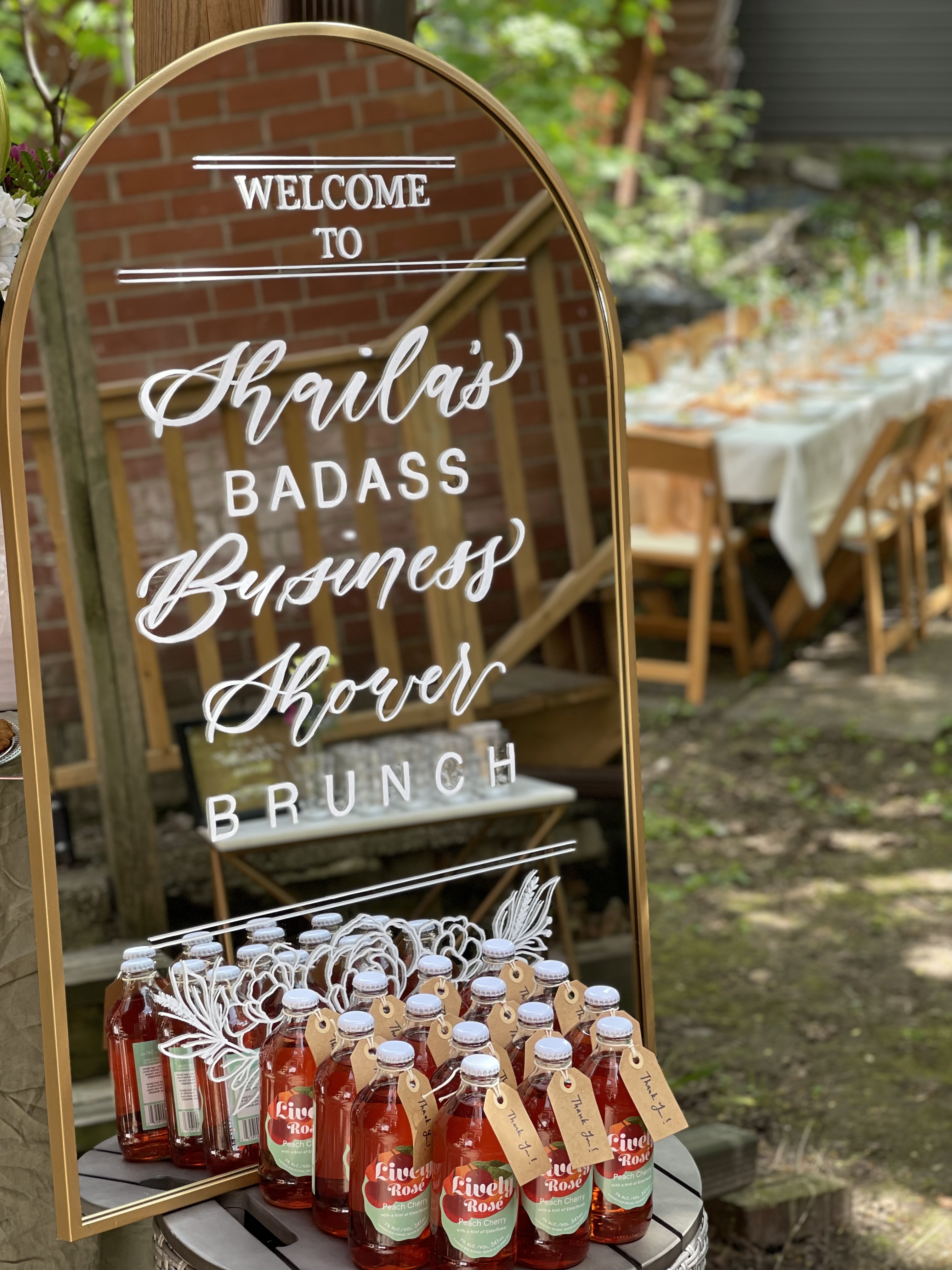 Mirror signage and favour display for a business shower brunch